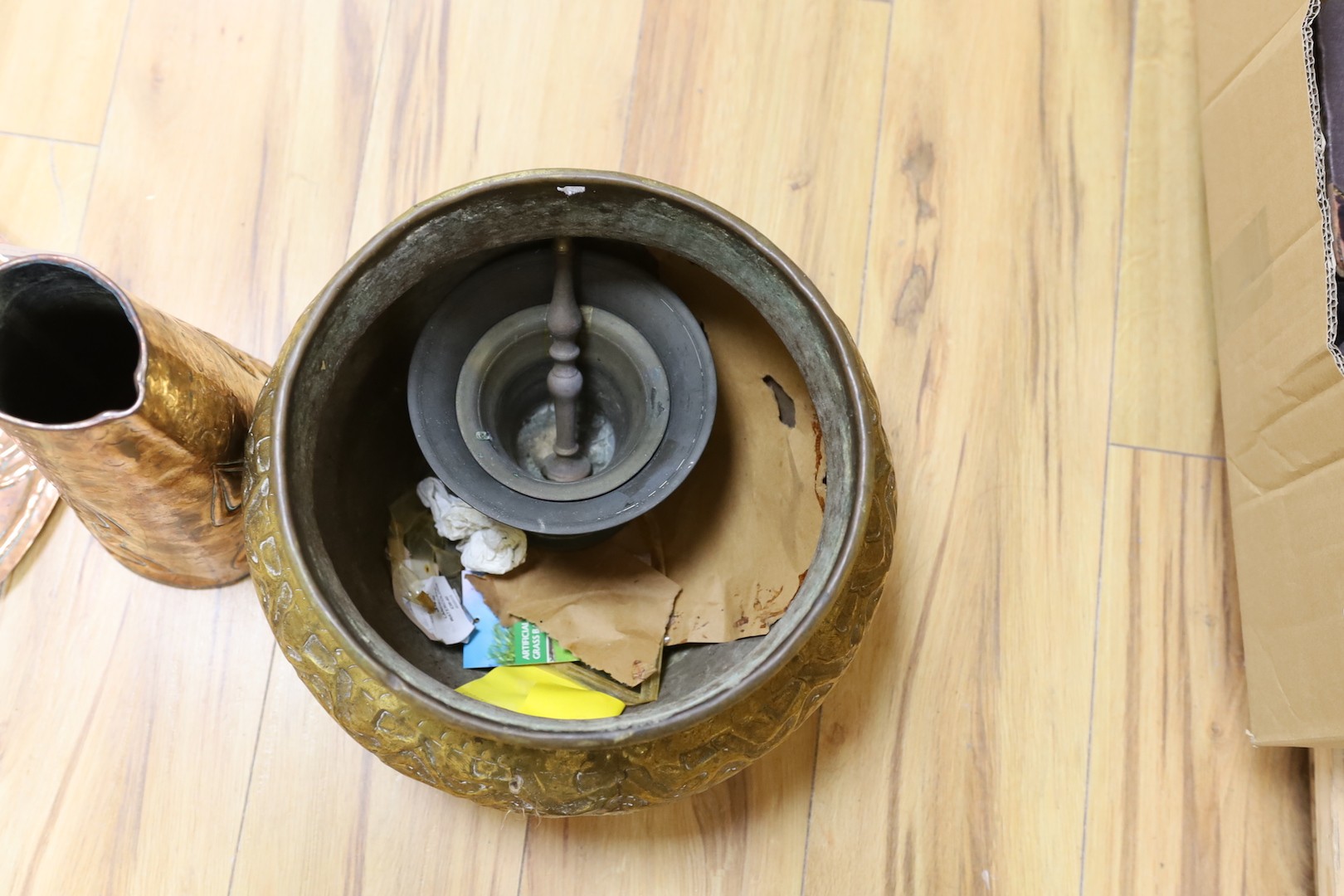 Metalware including embossed copper tray and jug, brass jardiniere, two mortars and pestle (7)